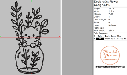 Cat In Flower Vase Outline Embroidery Design File | Digital Download | 6 Sizes & 7 Formats Included Threaded Dreams