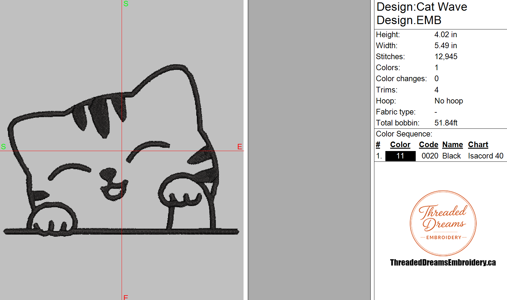 Cat Wave Embroidery Design File | Digital Download | 6 Sizes & 7 Formats Included Threaded Dreams