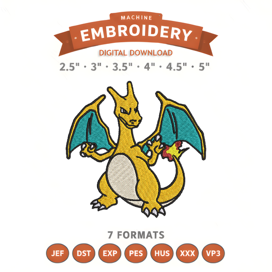 Pokémon Charizard Embroidery Design File | Digital Download | 6 Sizes & 7 Formats Included Threaded Dreams