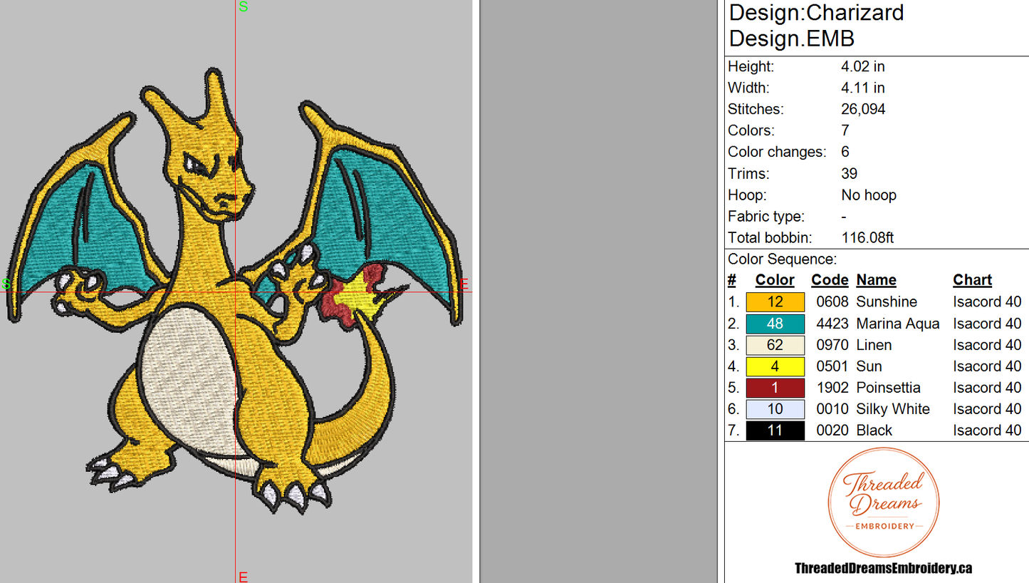 Pokémon Charizard Embroidery Design File | Digital Download | 6 Sizes & 7 Formats Included Threaded Dreams