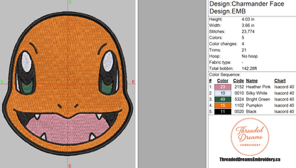 Pokémon Charmander Embroidery Design File | Digital Download | 6 Sizes & 7 Formats Included Threaded Dreams