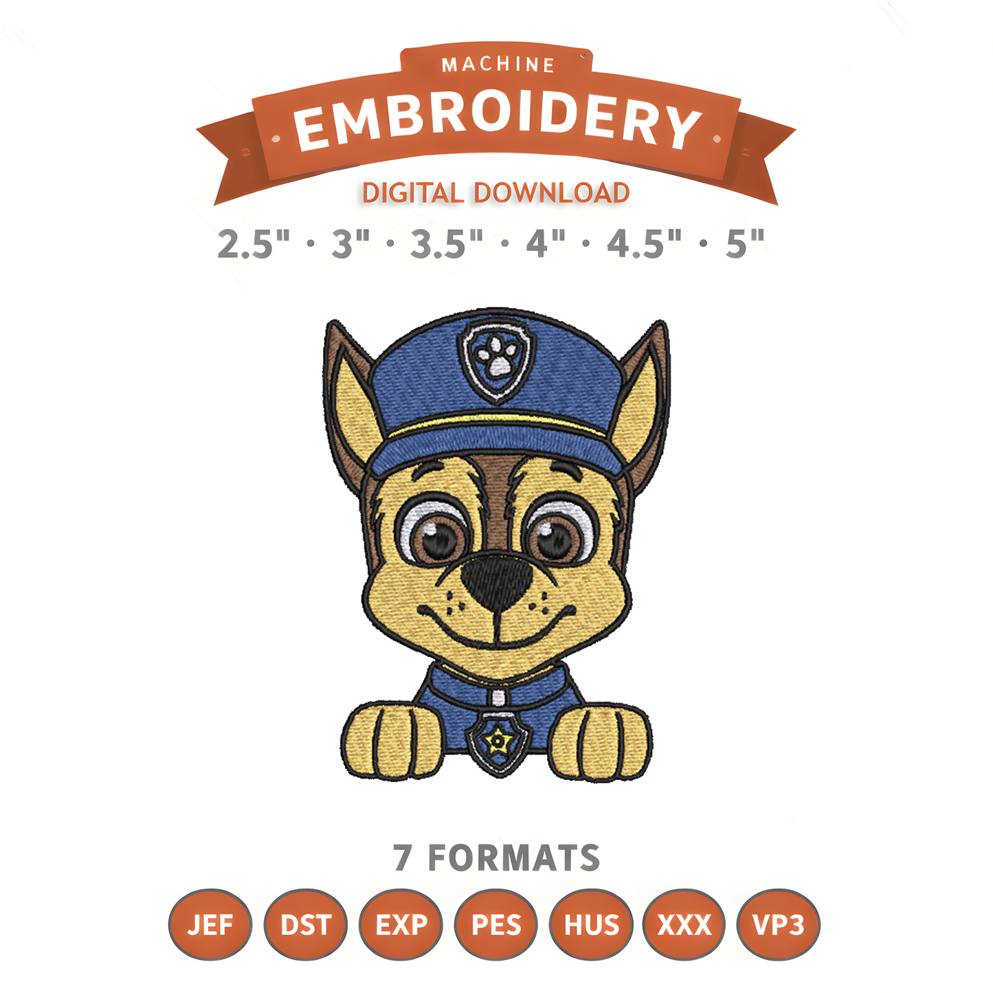 Paw Patrol Chase Embroidery Design File | Digital Download | 6 Sizes & 7 Formats Included Threaded Dreams