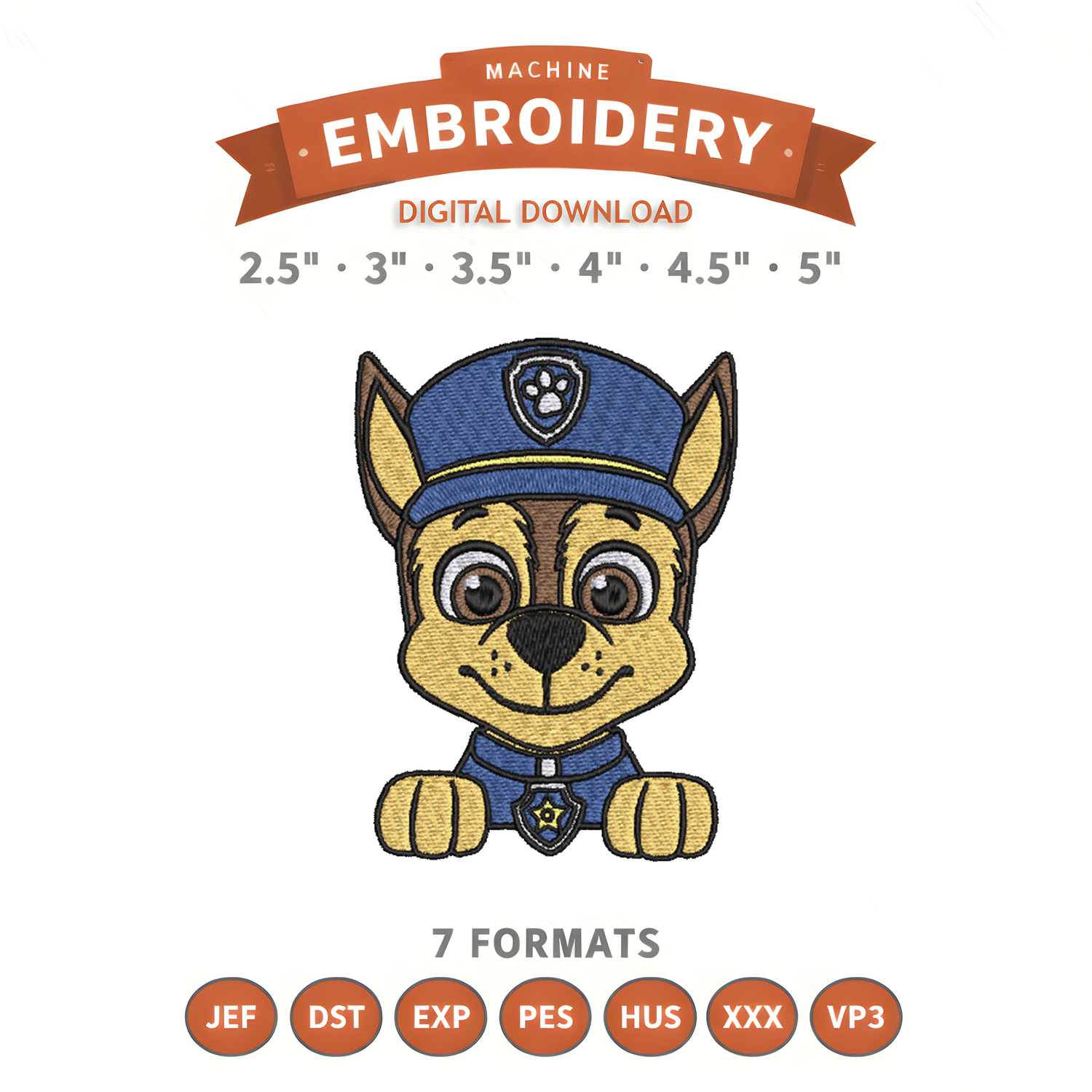 Paw Patrol Chase Embroidery Design File | Digital Download | 6 Sizes & 7 Formats Included Threaded Dreams