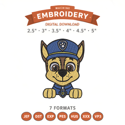 Paw Patrol Chase Embroidery Design File | Digital Download | 6 Sizes & 7 Formats Included Threaded Dreams