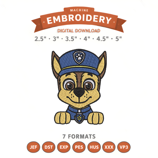 Paw Patrol Chase Embroidery Design File | Digital Download | 6 Sizes & 7 Formats Included Threaded Dreams
