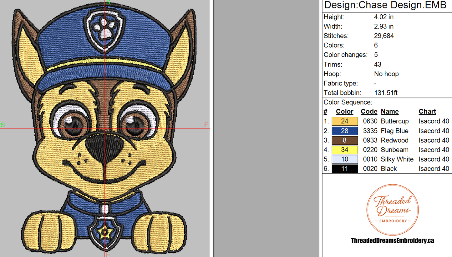 Paw Patrol Chase Embroidery Design File | Digital Download | 6 Sizes & 7 Formats Included Threaded Dreams