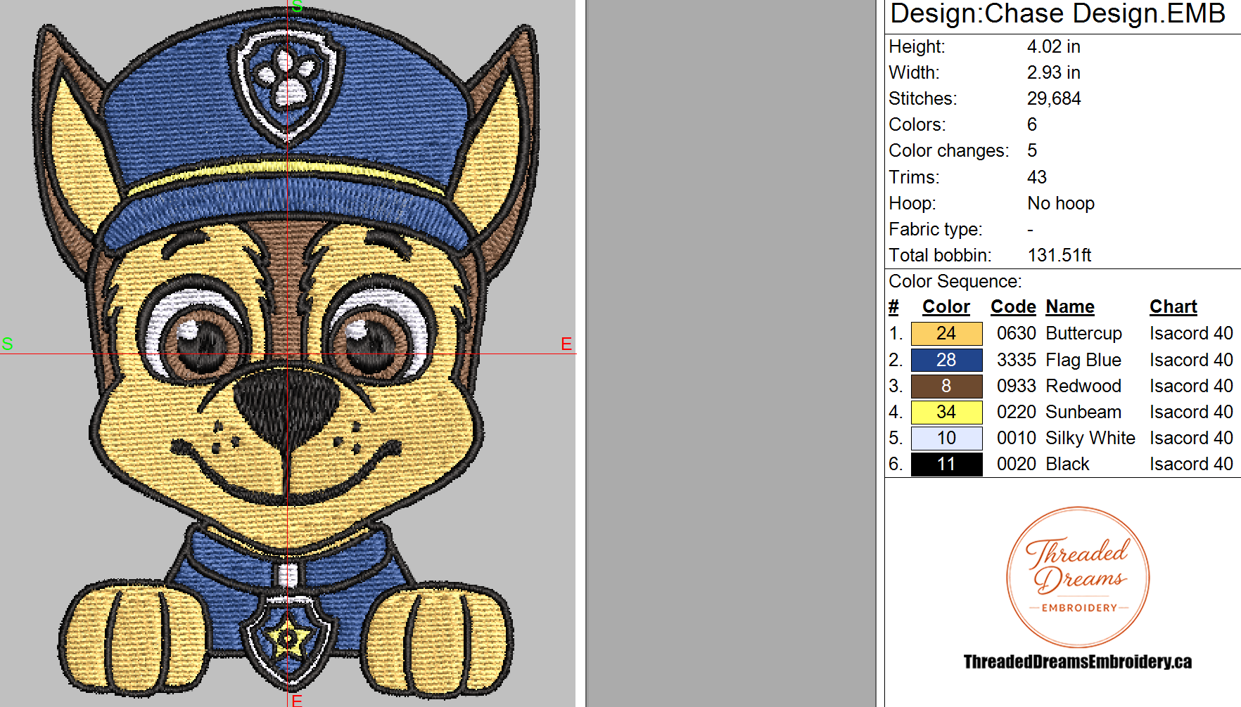Paw Patrol Chase Embroidery Design File | Digital Download | 6 Sizes & 7 Formats Included Threaded Dreams