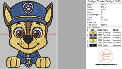 Paw Patrol Chase Embroidery Design File | Digital Download | 6 Sizes & 7 Formats Included Threaded Dreams