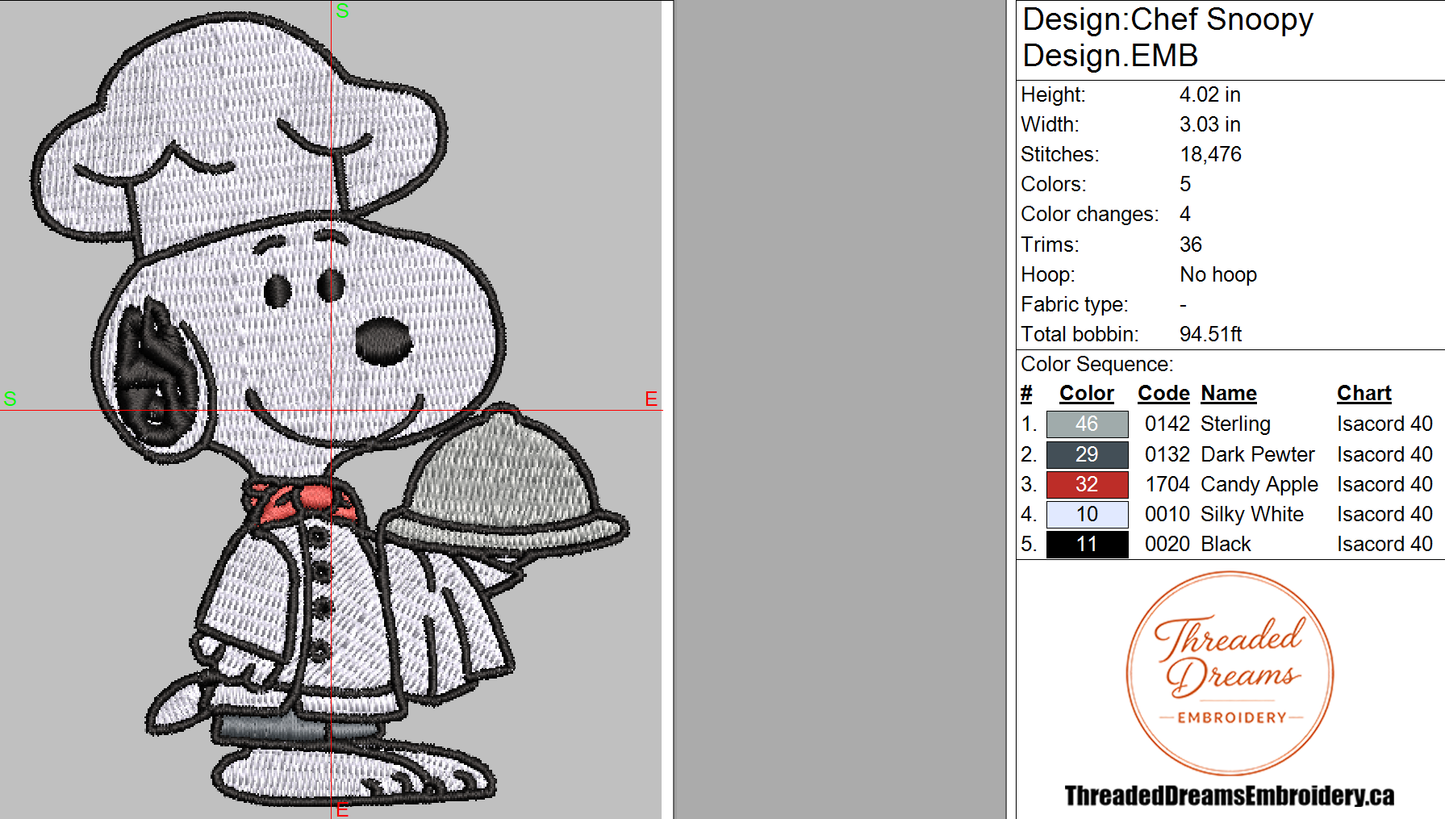 Chef Snoopy Embroidery Design File | Digital Download | 6 Sizes & 7 Formats Included Threaded Dreams