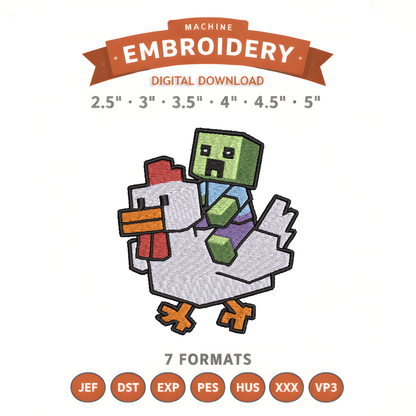 Minecraft Chicken Jockey Embroidery Design File | Digital Download | 6 Sizes & 7 Formats Included Threaded Dreams