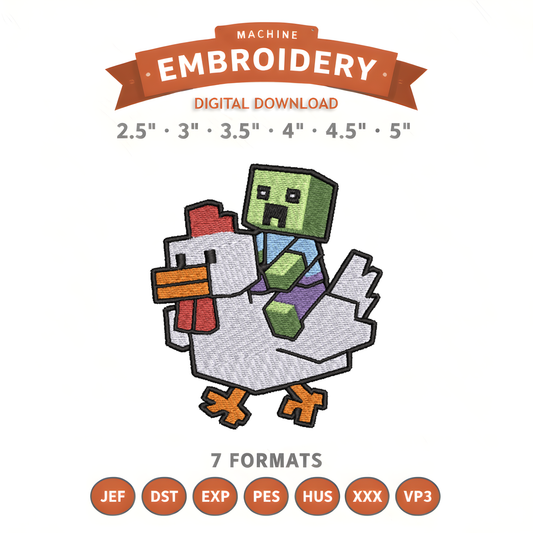 Minecraft Chicken Jockey Embroidery Design File | Digital Download | 6 Sizes & 7 Formats Included Threaded Dreams