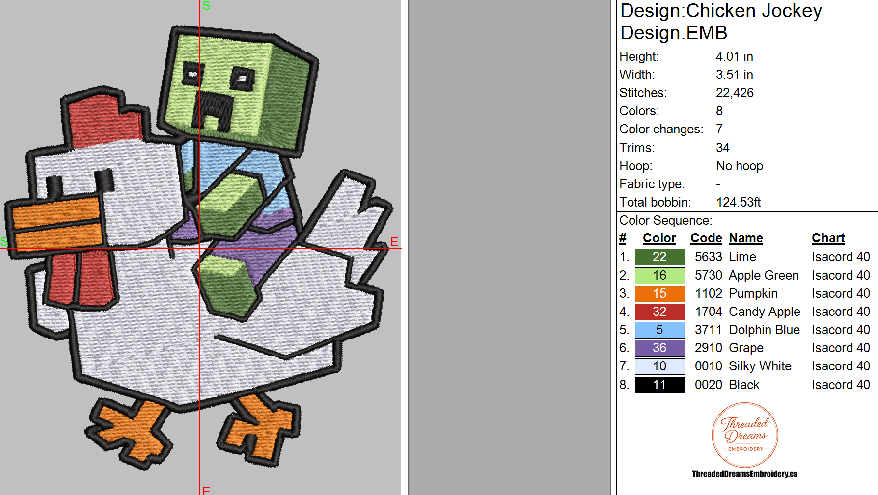 Minecraft Chicken Jockey Embroidery Design File | Digital Download | 6 Sizes & 7 Formats Included Threaded Dreams