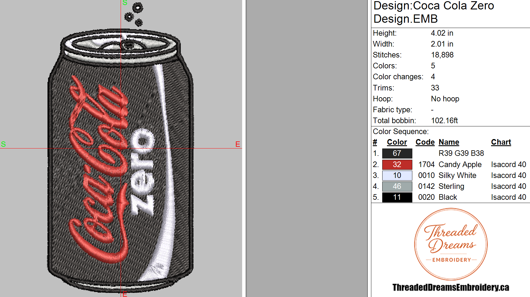Coca Cola Zero Embroidery Design File | Digital Download | 6 Sizes & 7 Formats Included Threaded Dreams
