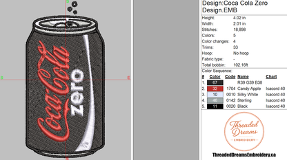 Coca Cola Zero Embroidery Design File | Digital Download | 6 Sizes & 7 Formats Included Threaded Dreams