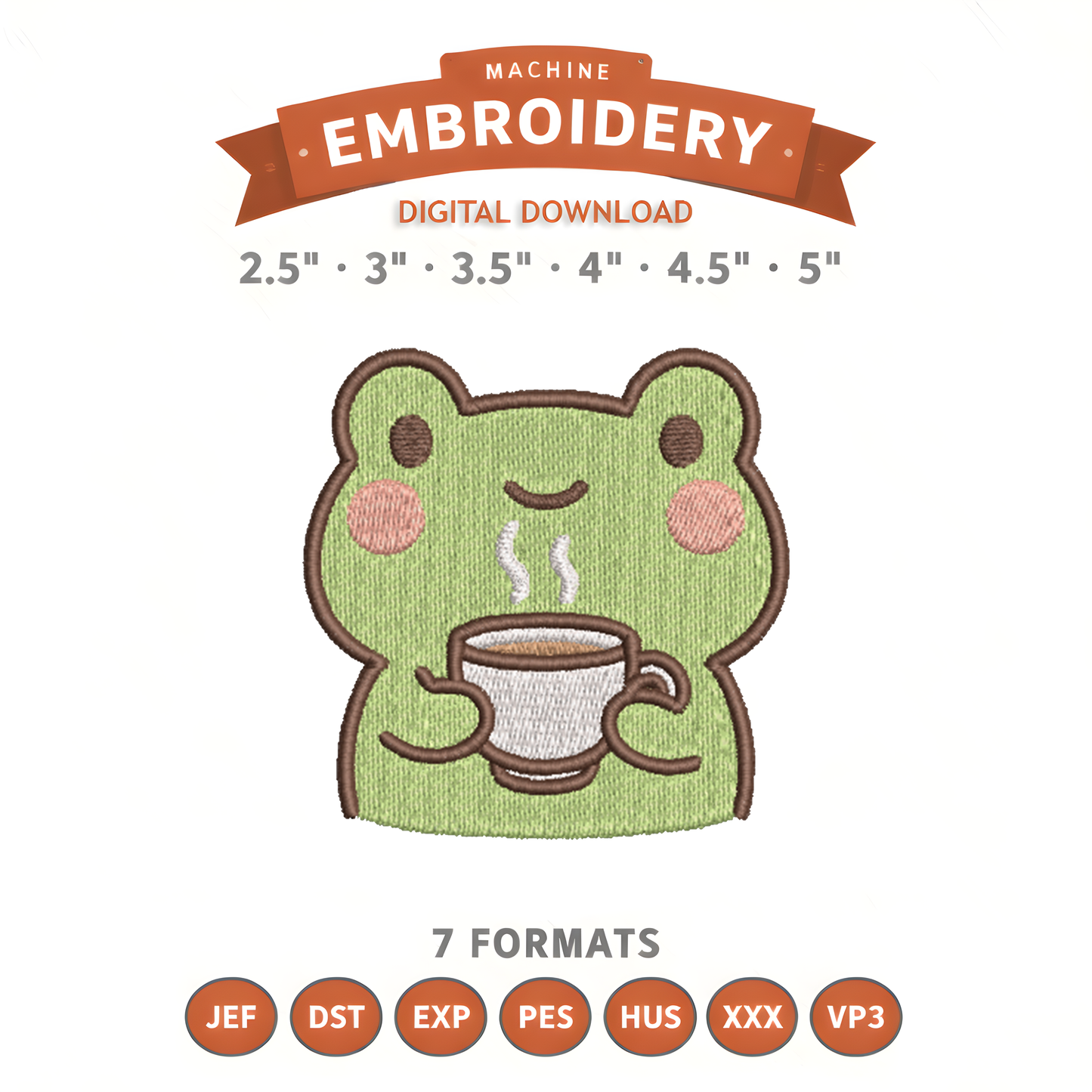 Coffee Frog Embroidery Design File | Digital Download | 6 Sizes & 7 Formats Included