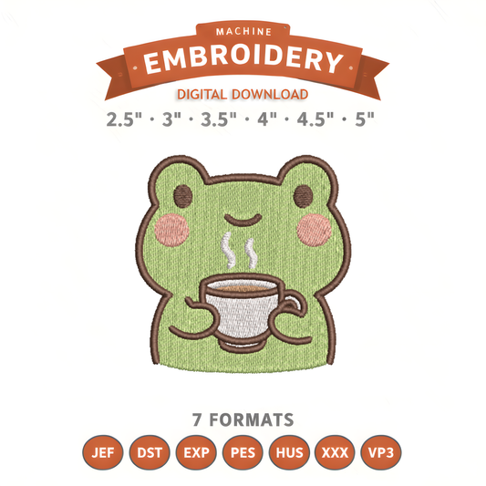 Coffee Frog Embroidery Design File | Digital Download | 6 Sizes & 7 Formats Included