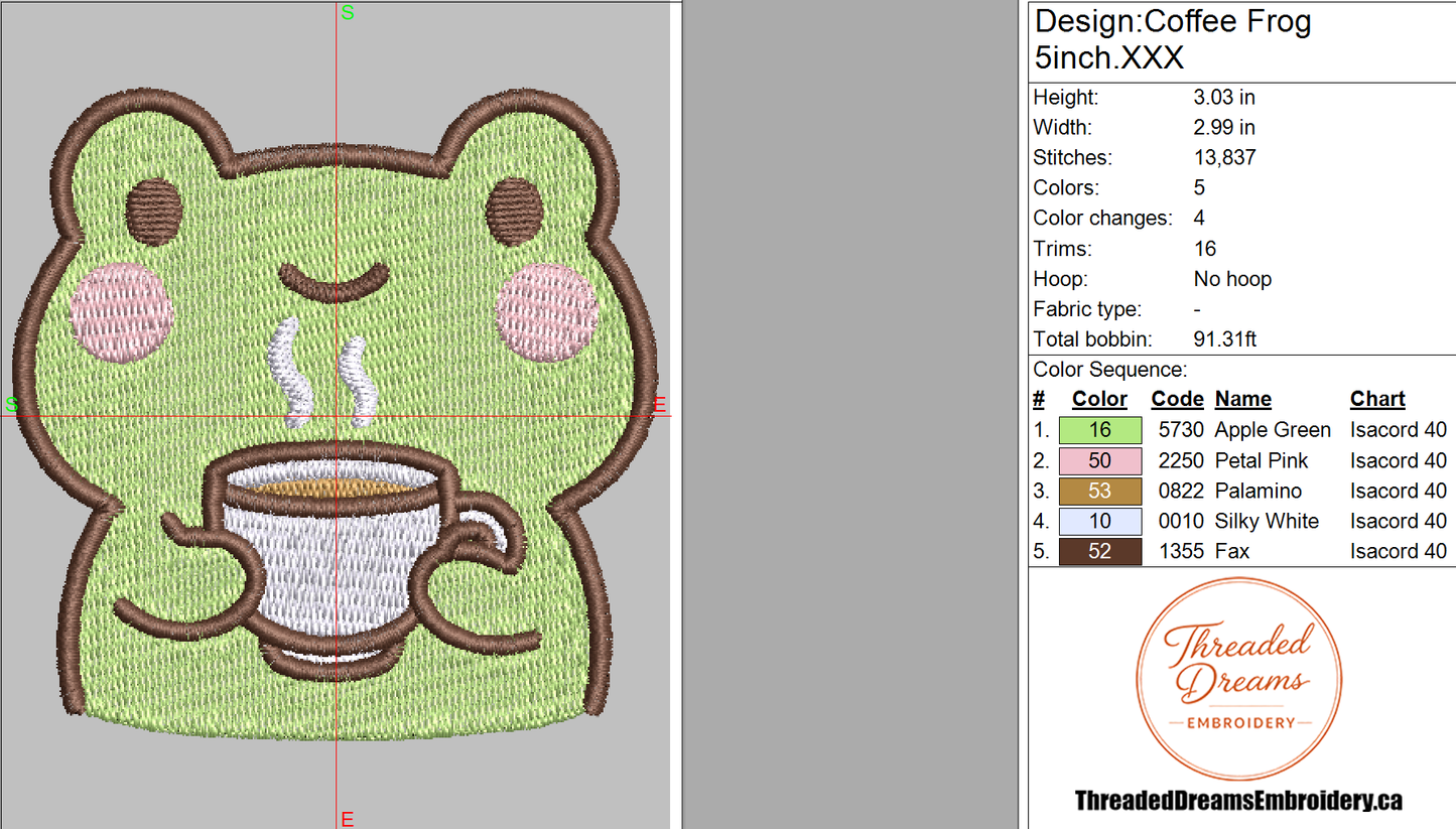 Coffee Frog Embroidery Design File | Digital Download | 6 Sizes & 7 Formats Included