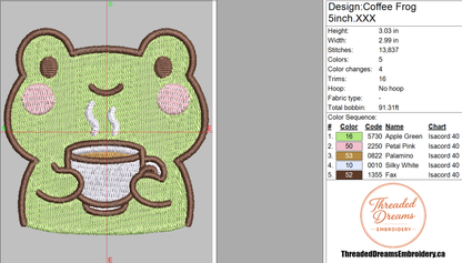 Coffee Frog Embroidery Design File | Digital Download | 6 Sizes & 7 Formats Included