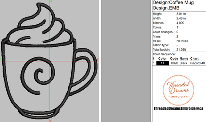 Coffee Mug Outline Embroidery Design File | Digital Download | 4 Sizes & 7 Formats Included Threaded Dreams