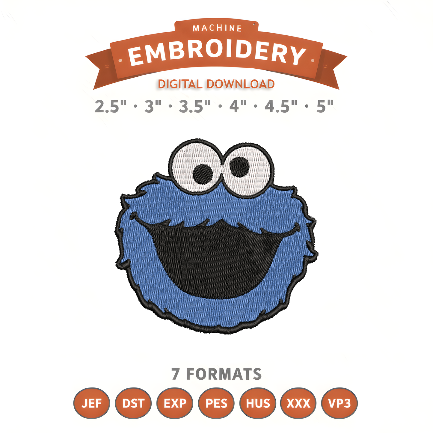 Cookie Monster Sesame Street Embroidery Design File | Digital Download | 6 Sizes & 7 Formats Included