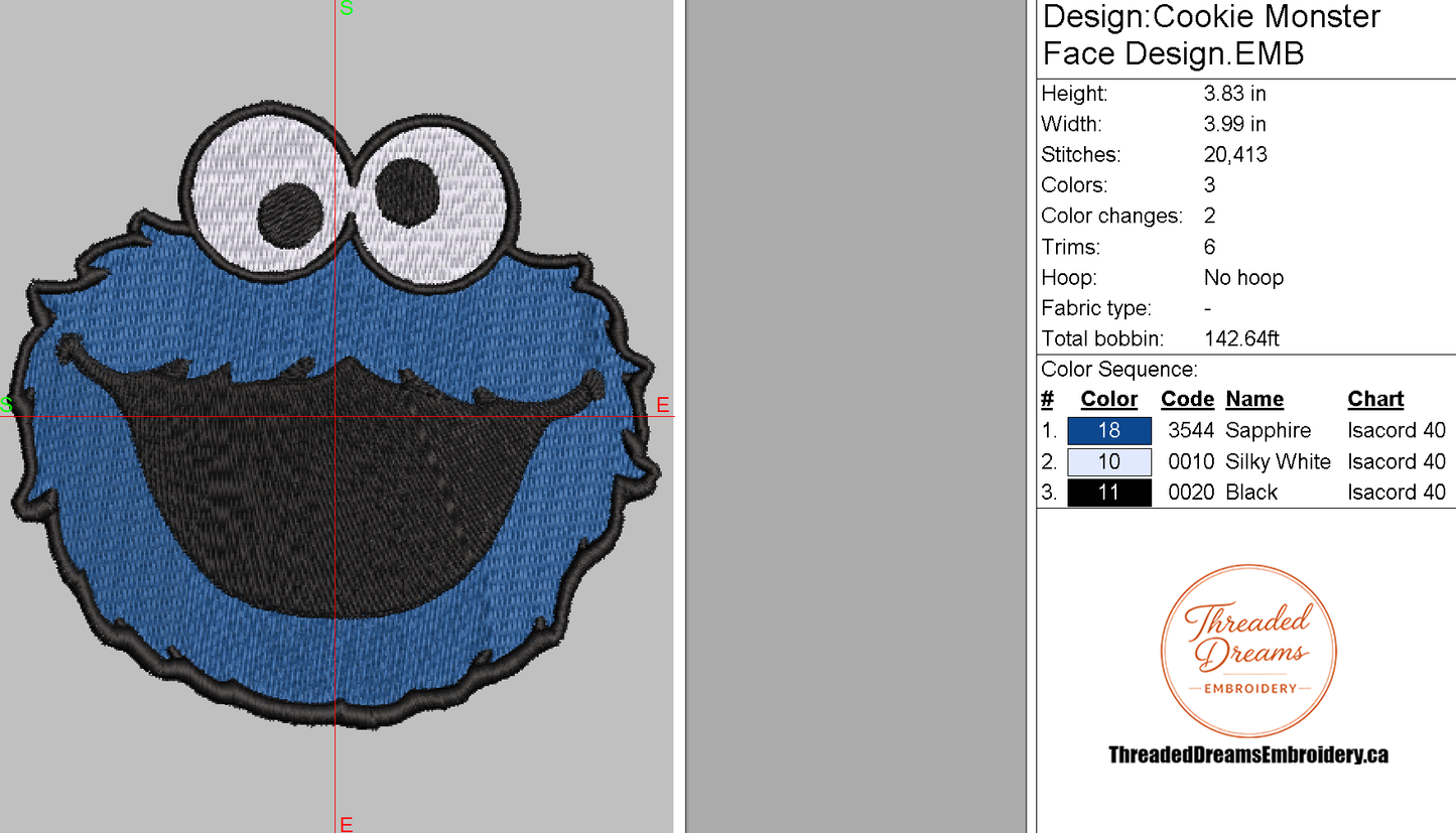 Cookie Monster Sesame Street Embroidery Design File | Digital Download | 6 Sizes & 7 Formats Included Threaded Dreams