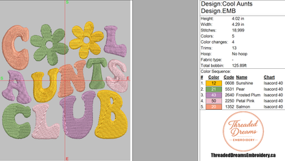 Cool Aunts Club Embroidery Design File | Digital Download | 6 Sizes & 7 Formats Included Threaded Dreams