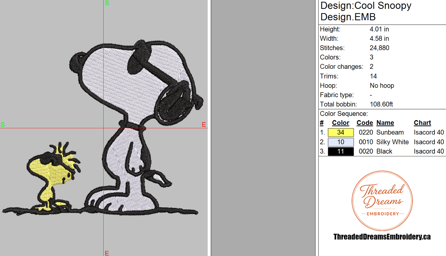 Snoopy and Woodstock Cool Embroidery Design File | Digital Download | 6 Sizes & 7 Formats Included Threaded Dreams