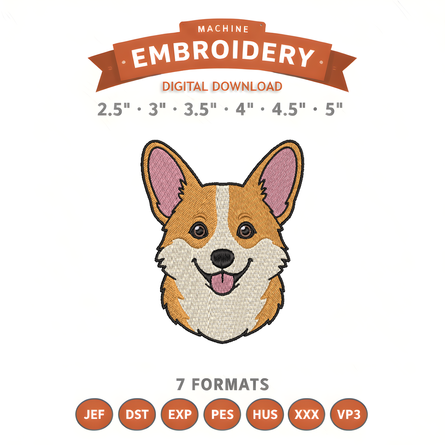 Corgi Face Embroidery Design File | Digital Download | 6 Sizes & 7 Formats Included Threaded Dreams