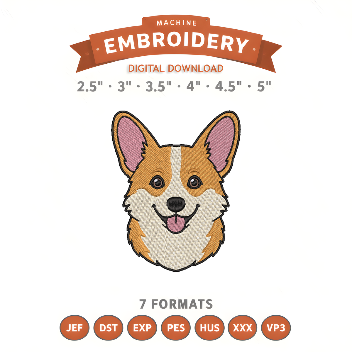 Corgi Face Embroidery Design File | Digital Download | 6 Sizes & 7 Formats Included Threaded Dreams