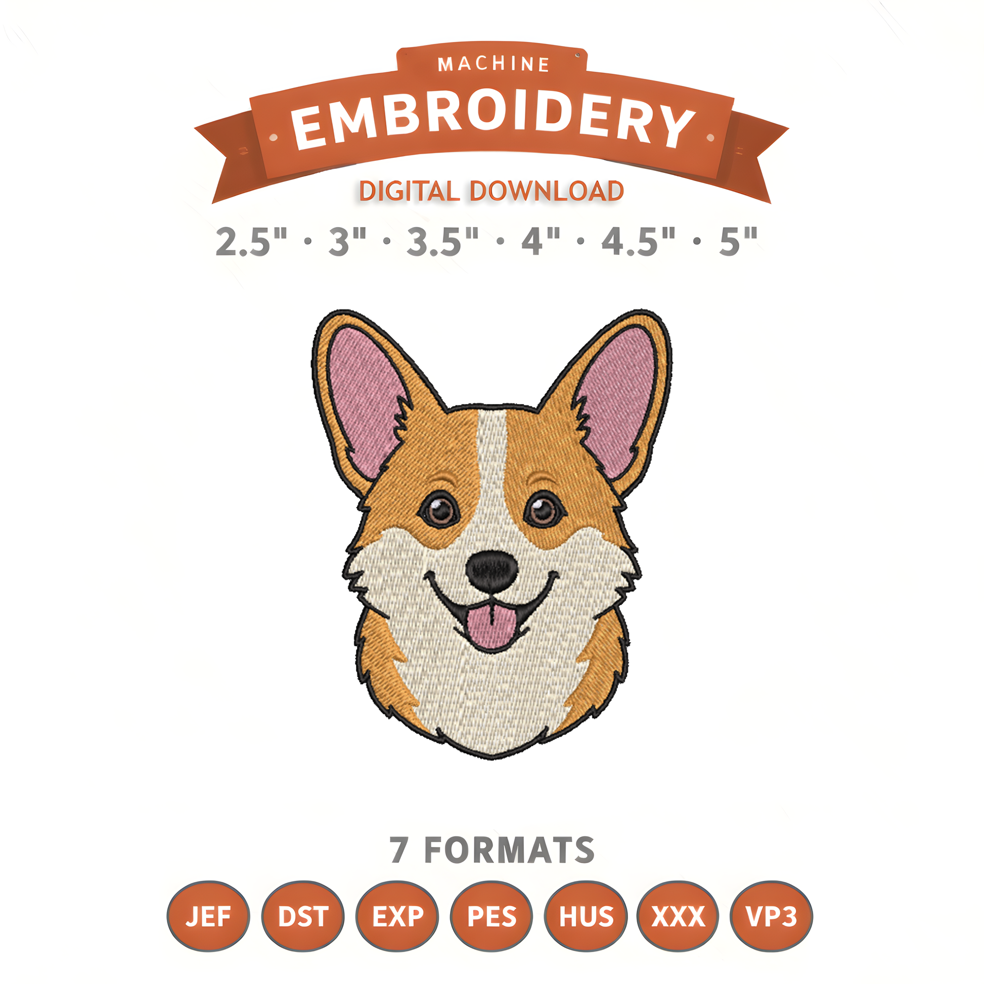Corgi Face Embroidery Design File | Digital Download | 6 Sizes & 7 Formats Included Threaded Dreams