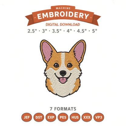 Corgi Face Embroidery Design File | Digital Download | 6 Sizes & 7 Formats Included Threaded Dreams