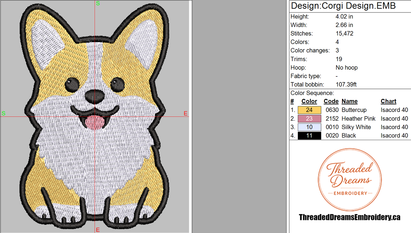 Corgi Embroidery Design File | Digital Download | 6 Sizes & 7 Formats Included Threaded Dreams