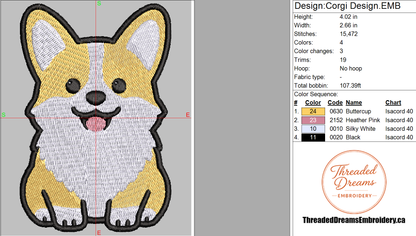 Corgi Embroidery Design File | Digital Download | 6 Sizes & 7 Formats Included Threaded Dreams