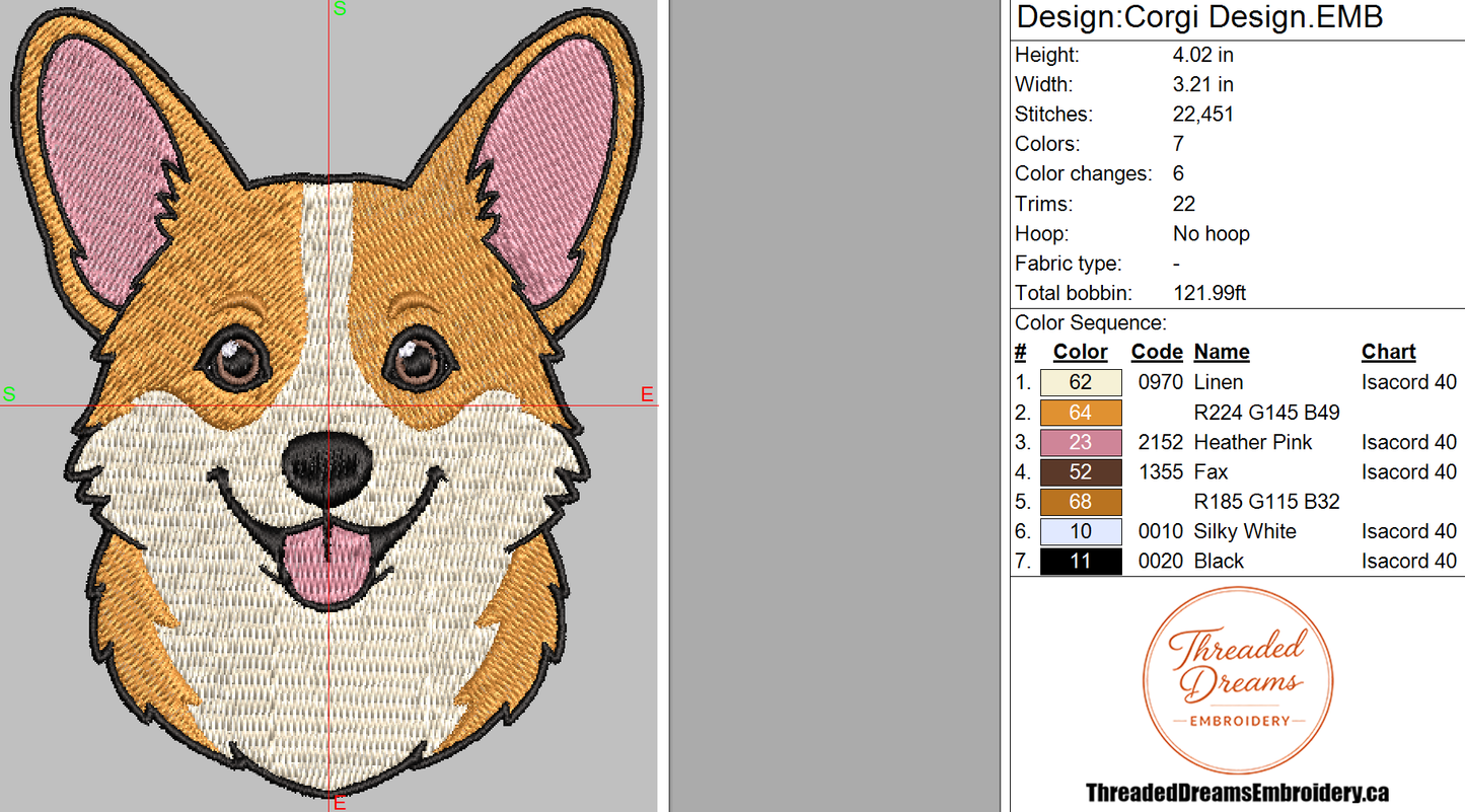 Corgi Face Embroidery Design File | Digital Download | 6 Sizes & 7 Formats Included Threaded Dreams