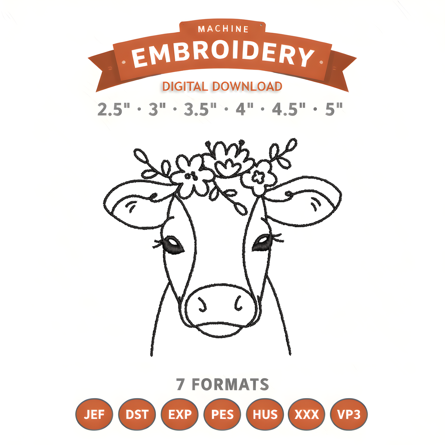 Cow Outline Embroidery Design File | Digital Download | 6 Sizes & 7 Formats Included