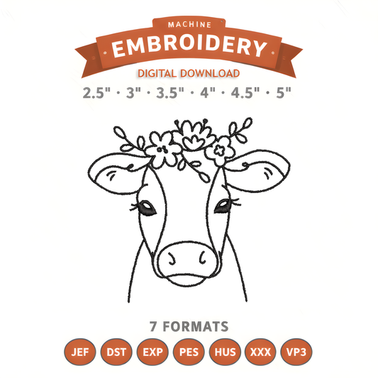 Cow Outline Embroidery Design File | Digital Download | 6 Sizes & 7 Formats Included
