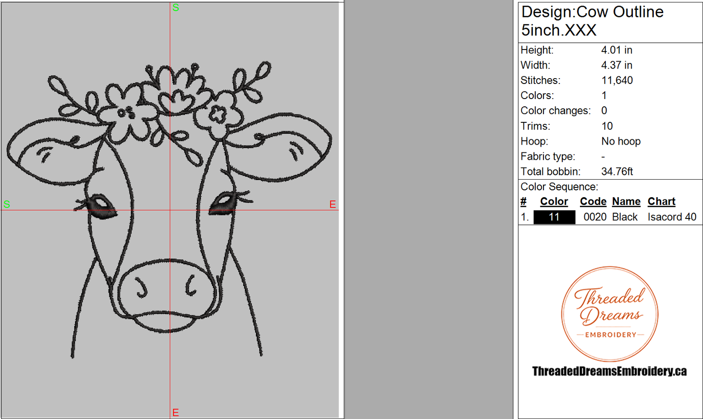Cow Outline Embroidery Design File | Digital Download | 6 Sizes & 7 Formats Included
