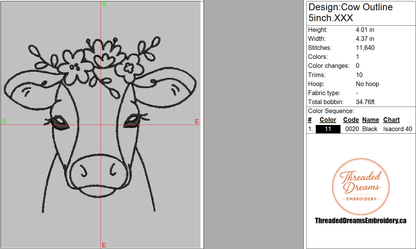 Cow Outline Embroidery Design File | Digital Download | 6 Sizes & 7 Formats Included