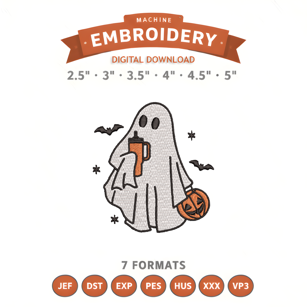 Cozy Ghost Trick or Treating Embroidery Design File | Digital Download | 6 Sizes & 7 Formats Included Threaded Dreams