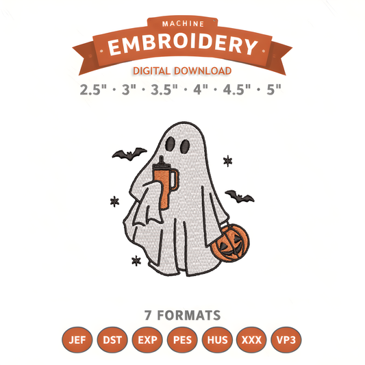 Cozy Ghost Trick or Treating Embroidery Design File | Digital Download | 6 Sizes & 7 Formats Included Threaded Dreams