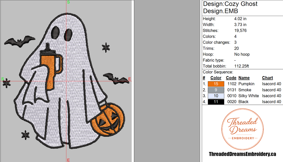 Cozy Ghost Trick or Treating Embroidery Design File | Digital Download | 6 Sizes & 7 Formats Included Threaded Dreams