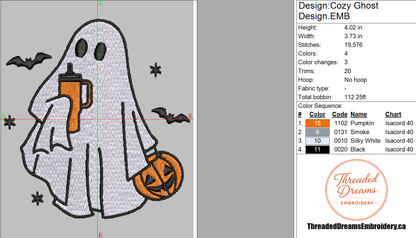Cozy Ghost Trick or Treating Embroidery Design File | Digital Download | 6 Sizes & 7 Formats Included Threaded Dreams