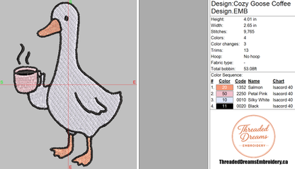 Cozy Goose Coffee Embroidery Design File | Digital Download | 6 Sizes & 7 Formats Included Threaded Dreams