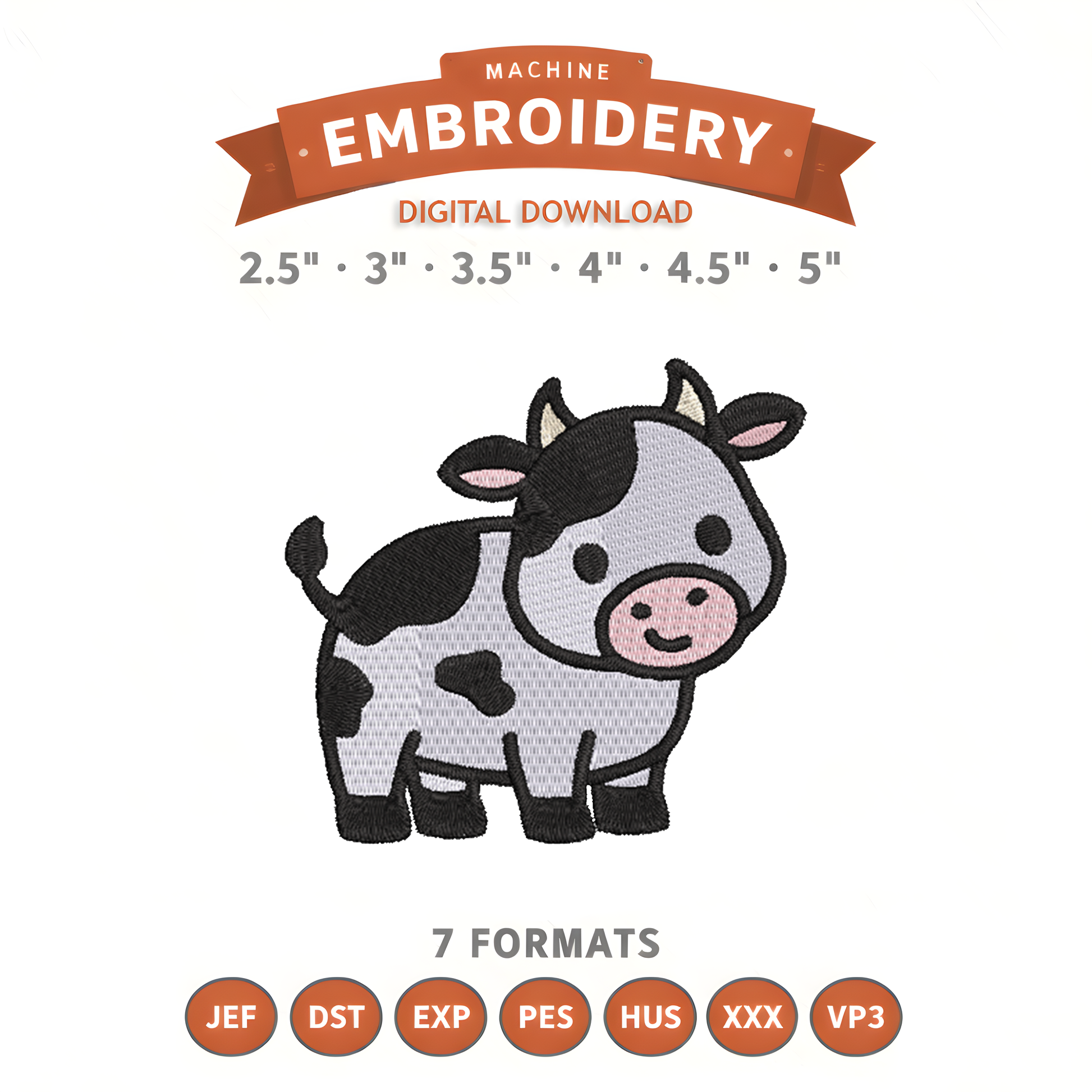 Cute Cow Embroidery Design File | Digital Download | 6 Sizes & 7 Formats Included Threaded Dreams