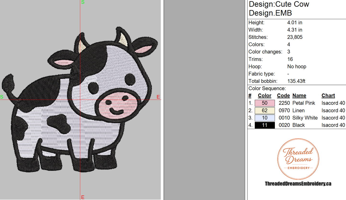 Cute Cow Embroidery Design File | Digital Download | 6 Sizes & 7 Formats Included Threaded Dreams