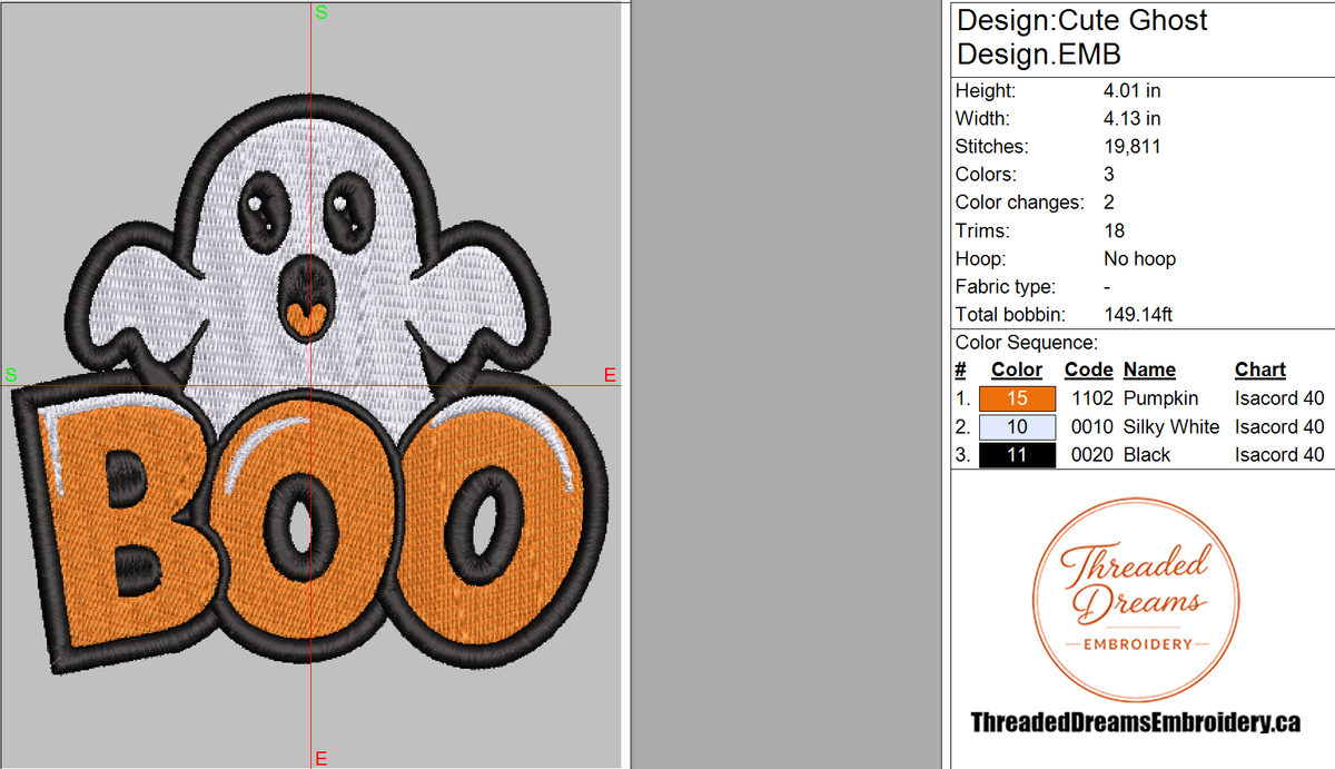 Kawaii Ghost Halloween Embroidery Design File | Digital Download | 6 Sizes & 7 Formats Included Threaded Dreams