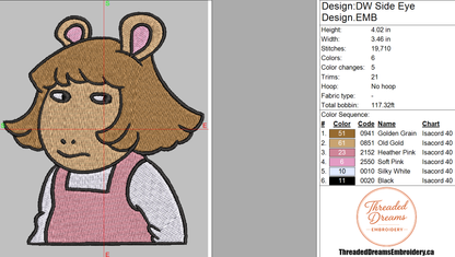 DW Side Eye Embroidery Design File | Digital Download | 6 Sizes & 7 Formats Included Threaded Dreams