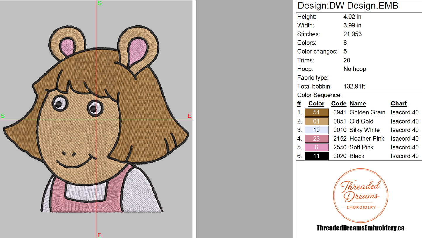 DW Arthur Embroidery Design File | Digital Download | 6 Sizes & 7 Formats Included Threaded Dreams