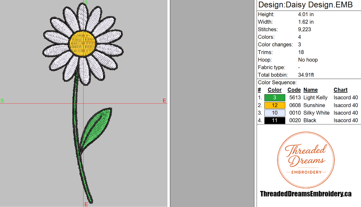 Daisy Embroidery Design File | Digital Download | 6 Sizes & 7 Formats Included Threaded Dreams