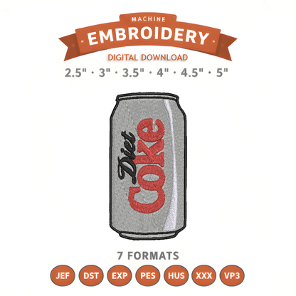 Diet Coke Embroidery Design File | Digital Download | 6 Sizes & 7 Formats Included Threaded Dreams
